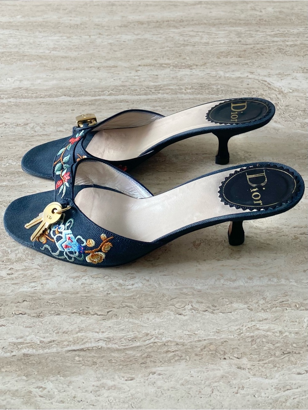 Vintage Dior Embroidered Key Lock Mule Kitten Heel Sandals - Picture 2 of 11